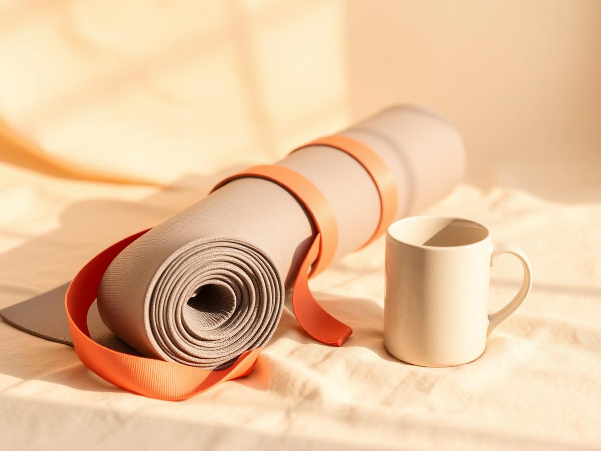 Yoga mat, resistance band and a warm mug